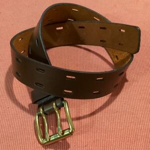 Brown Leather Belt with Gold Tone Double Prong Buckle Size Small